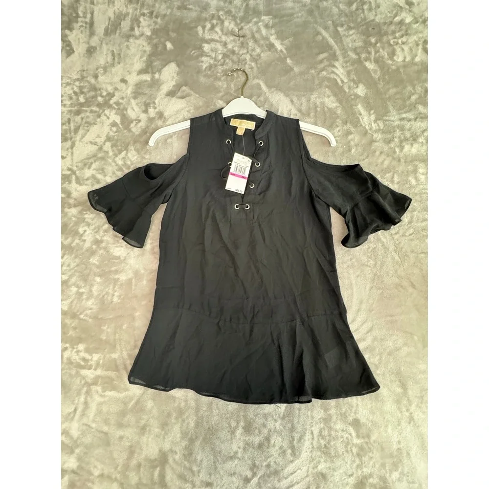 Michael‎ Kors Cold Shoulder Lace Up Bell Sleeve Dress, Size XXS, Black